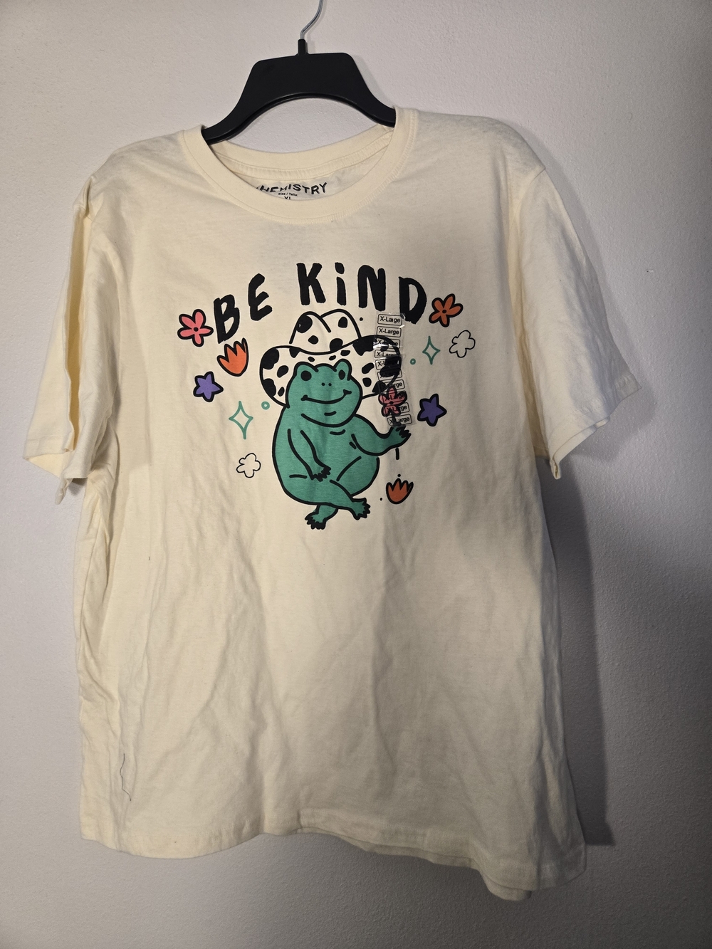 Chemistry Cream Tee with Green Frog Graphic and Colorful Accents
